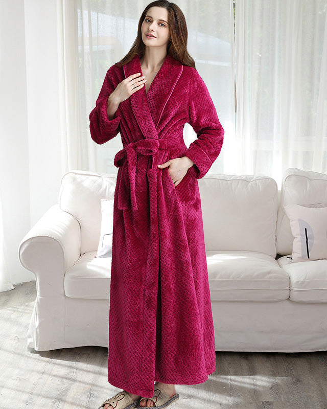 Plush Fleece Bathrobe | Full Length Burgundy Flannel