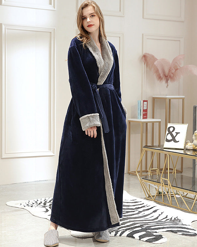 Plush Long Robe | Navy Blue With Grey Fur Trim