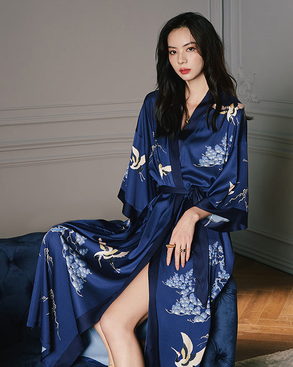 Silk Kimono Robe | Japanese Crane Print Navy Blue