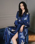 Silk Kimono Robe | Japanese Crane Print Navy Blue