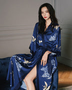 Silk Kimono Robe | Japanese Crane Print Navy Blue