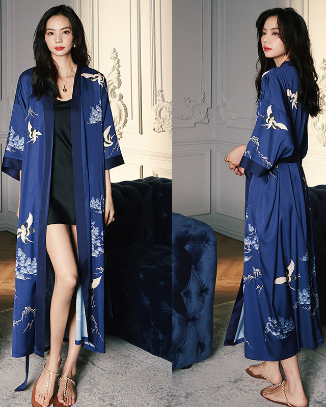 Silk Kimono Robe | Japanese Crane Print Navy Blue