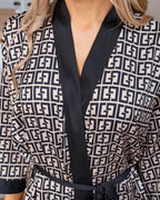 Geometric Print Satin Robe | Black White Pattern With Belt