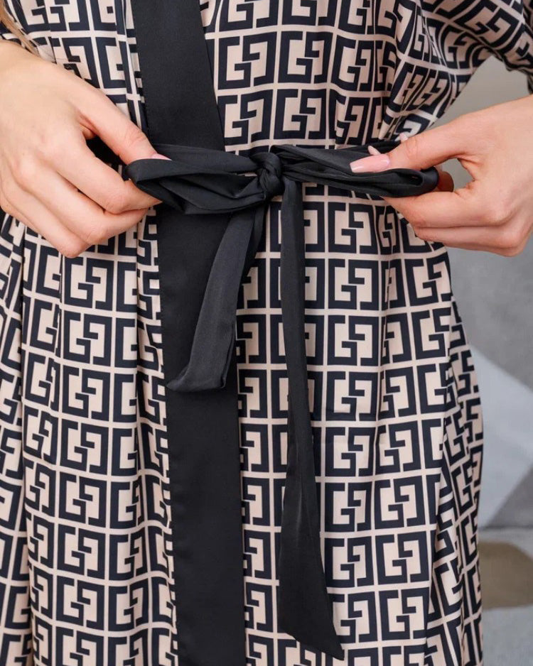 Geometric Print Satin Robe | Black White Pattern With Belt