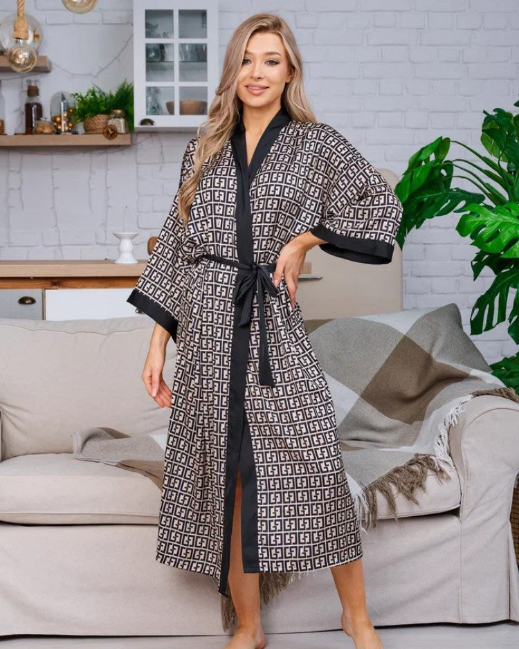 Geometric Print Satin Robe | Black White Pattern With Belt