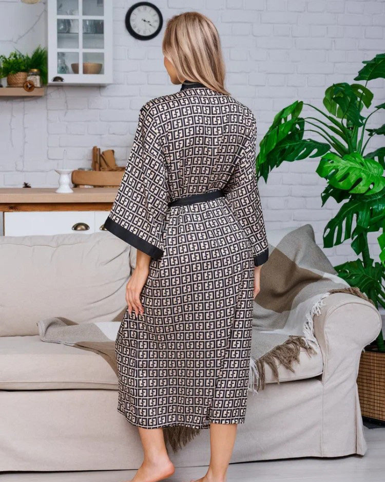 Geometric Print Satin Robe | Black White Pattern With Belt