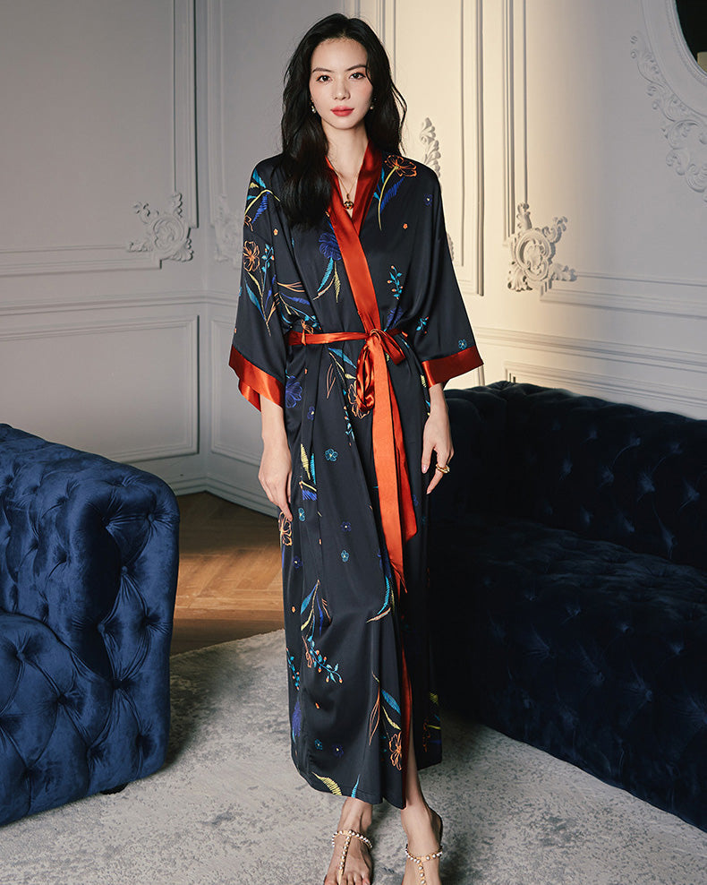 Floral Satin Robe | Navy Blue With Coral Trim