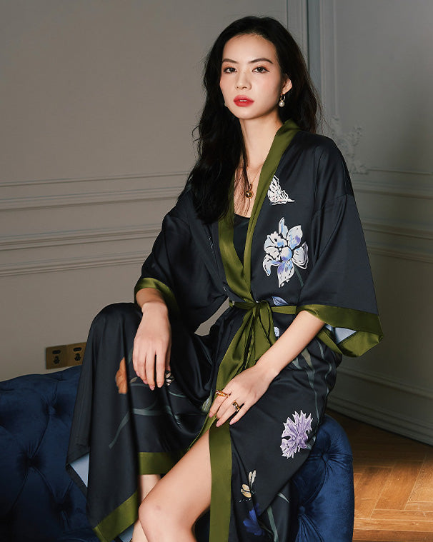 Floral Silk Robe | Oriental Kimono Style With Green Trim