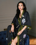 Floral Silk Robe | Oriental Kimono Style With Green Trim