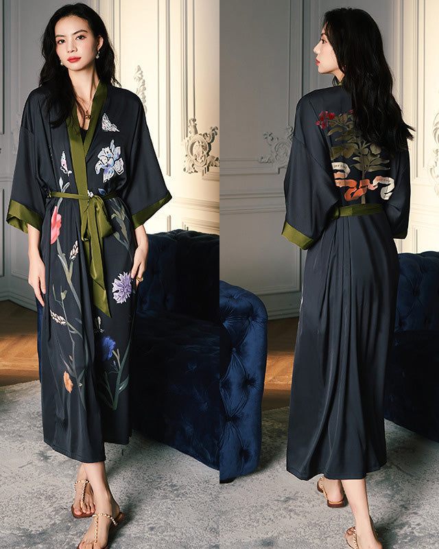 Floral Silk Robe | Oriental Kimono Style With Green Trim