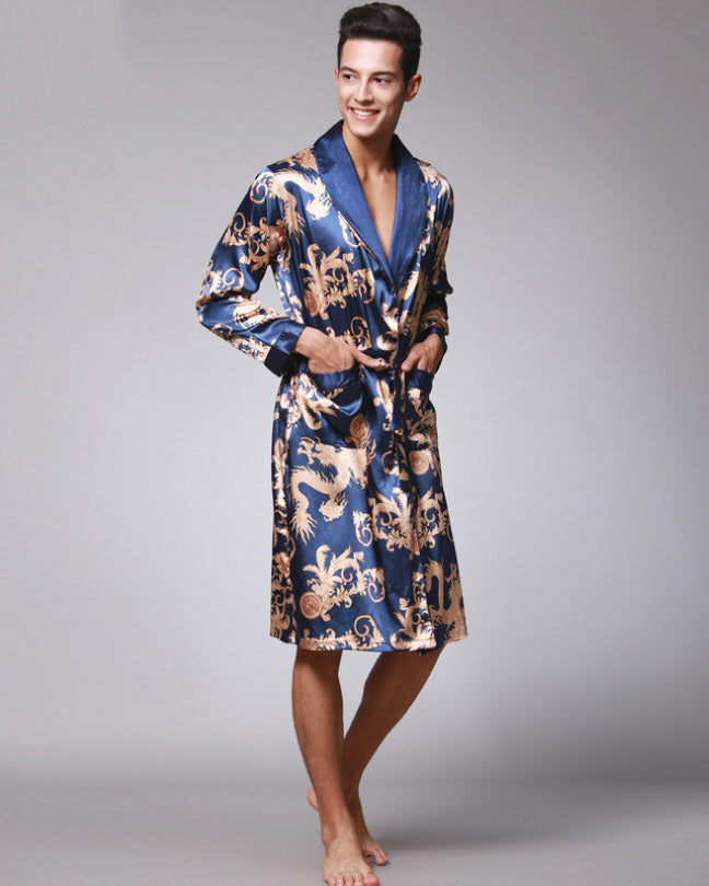 Luxury Silk Robe For Men | Navy Blue Oriental Pattern