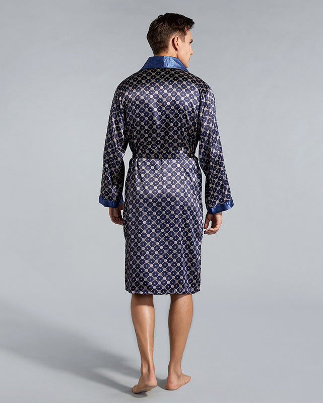 Luxury Men's Robe | Navy Geometric Satin Kimono