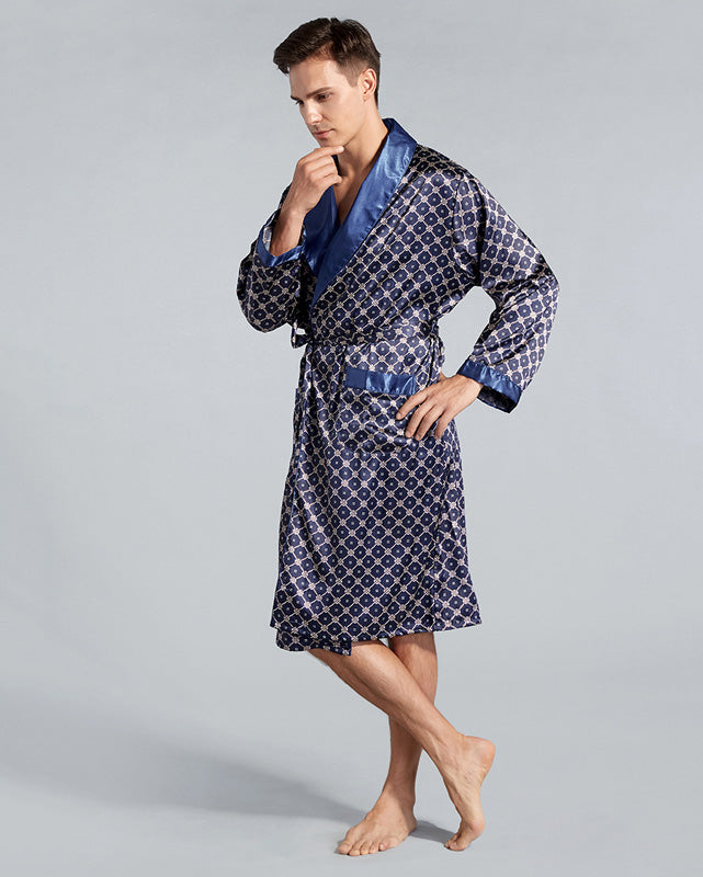 Luxury Men's Robe | Navy Geometric Satin Kimono