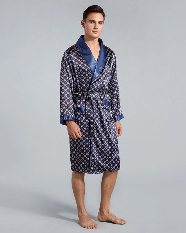 Luxury Men's Robe | Navy Geometric Satin Kimono