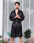 Men's Satin Bathrobe | Black With White Piping Trim