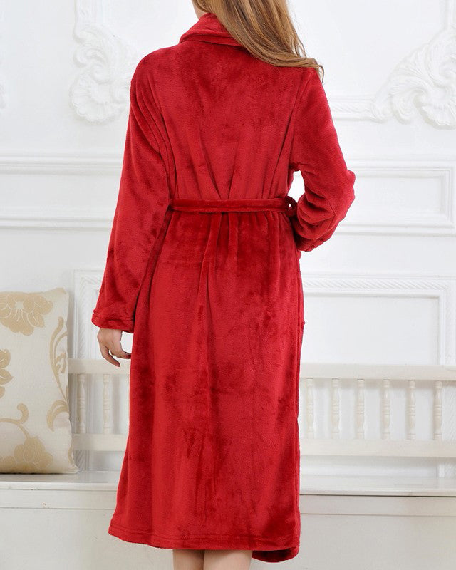 Plush Long Bathrobe | Luxurious Red Fleece with Belt