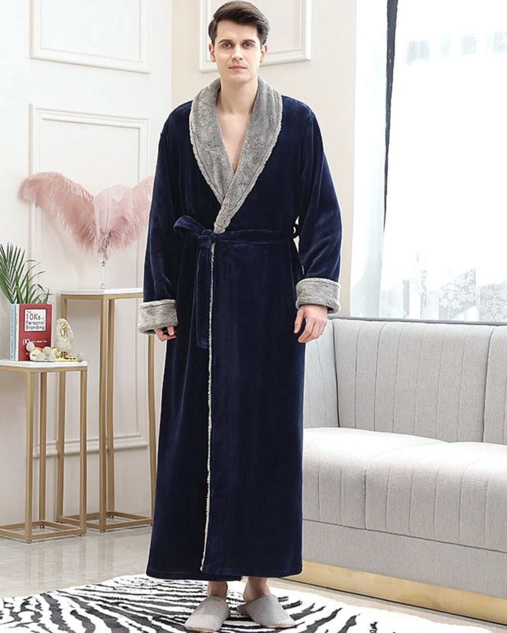 Luxury Men's Robe | Navy Velvet With Plush Gray Trim