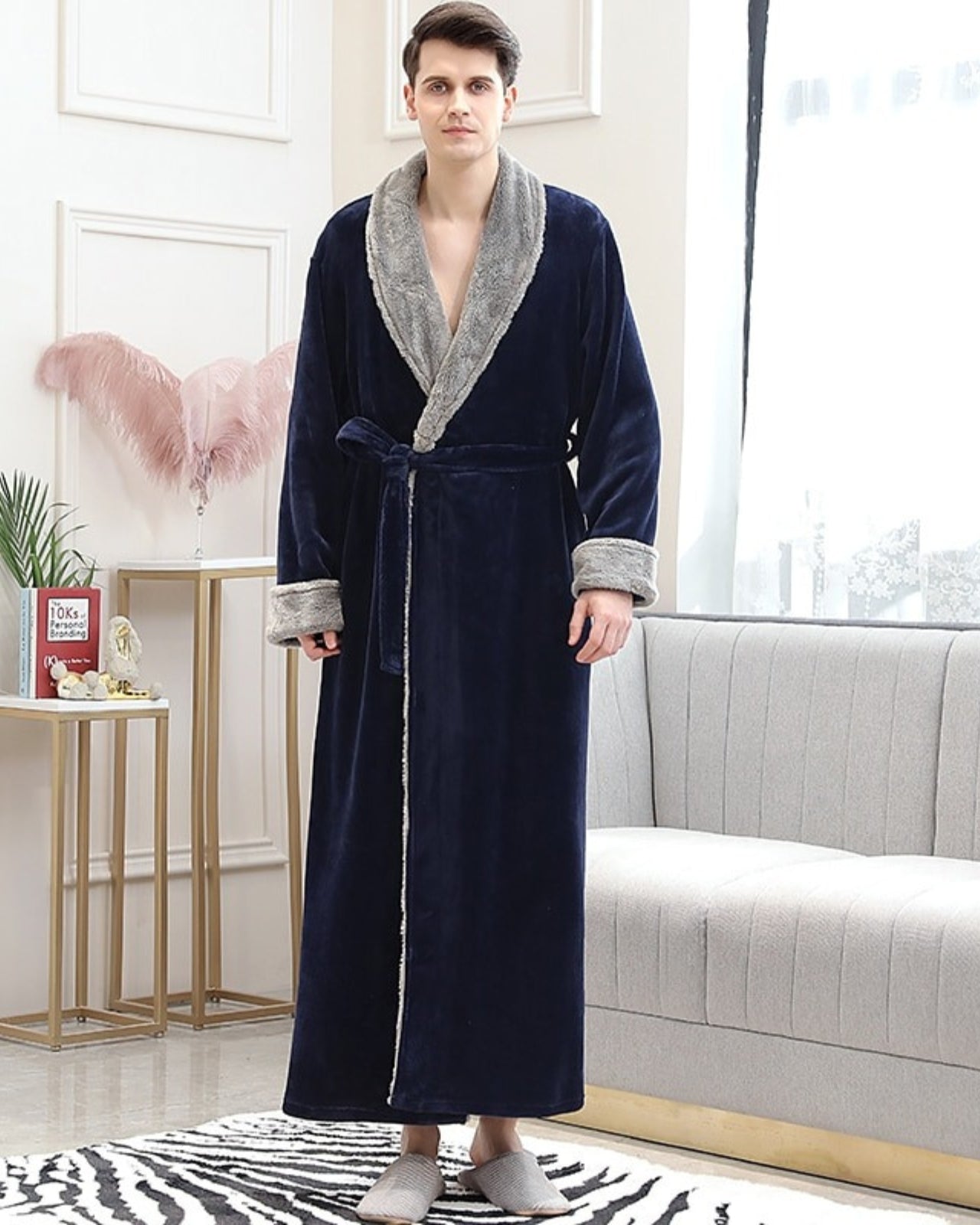 Luxury Men's Robe | Navy Velvet With Plush Gray Trim