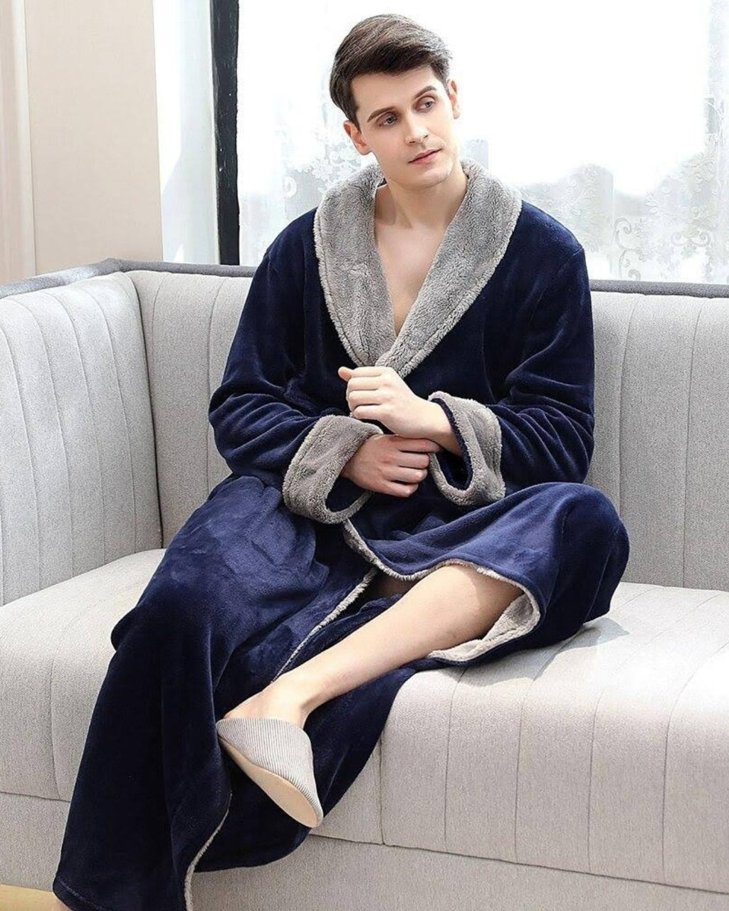 Luxury Men's Robe | Navy Velvet With Plush Gray Trim