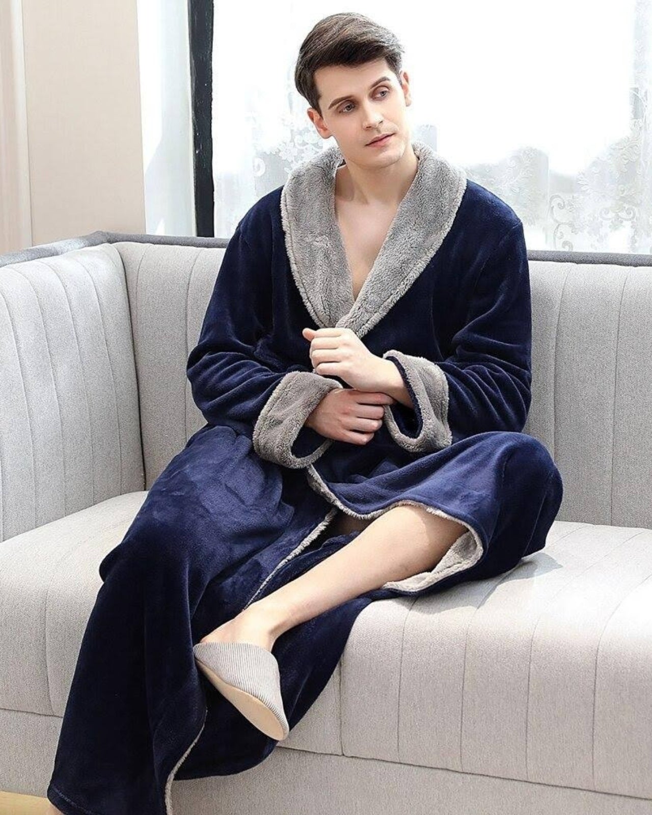 Luxury Men's Robe | Navy Velvet With Plush Gray Trim
