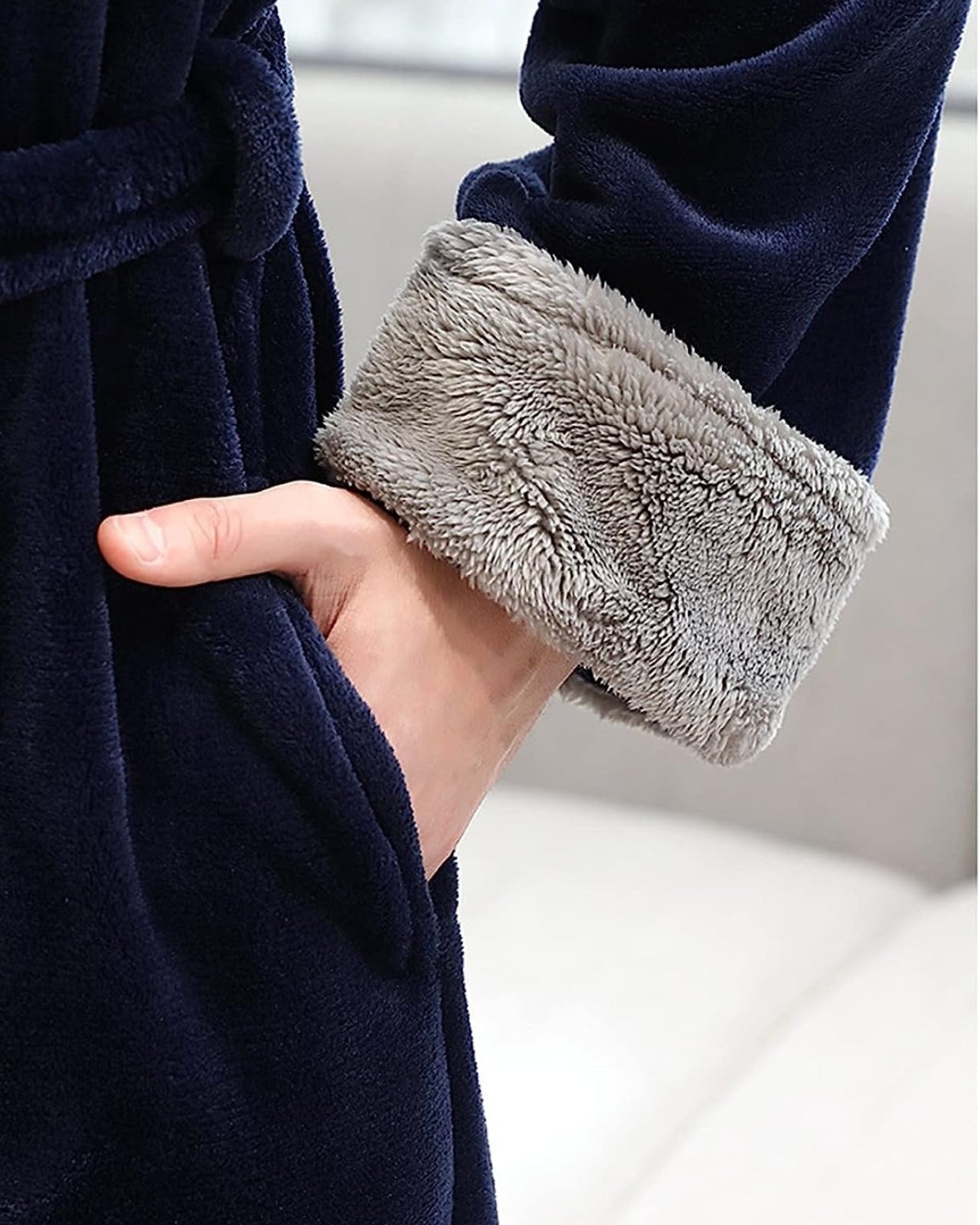 Luxury Men's Robe | Navy Velvet With Plush Gray Trim