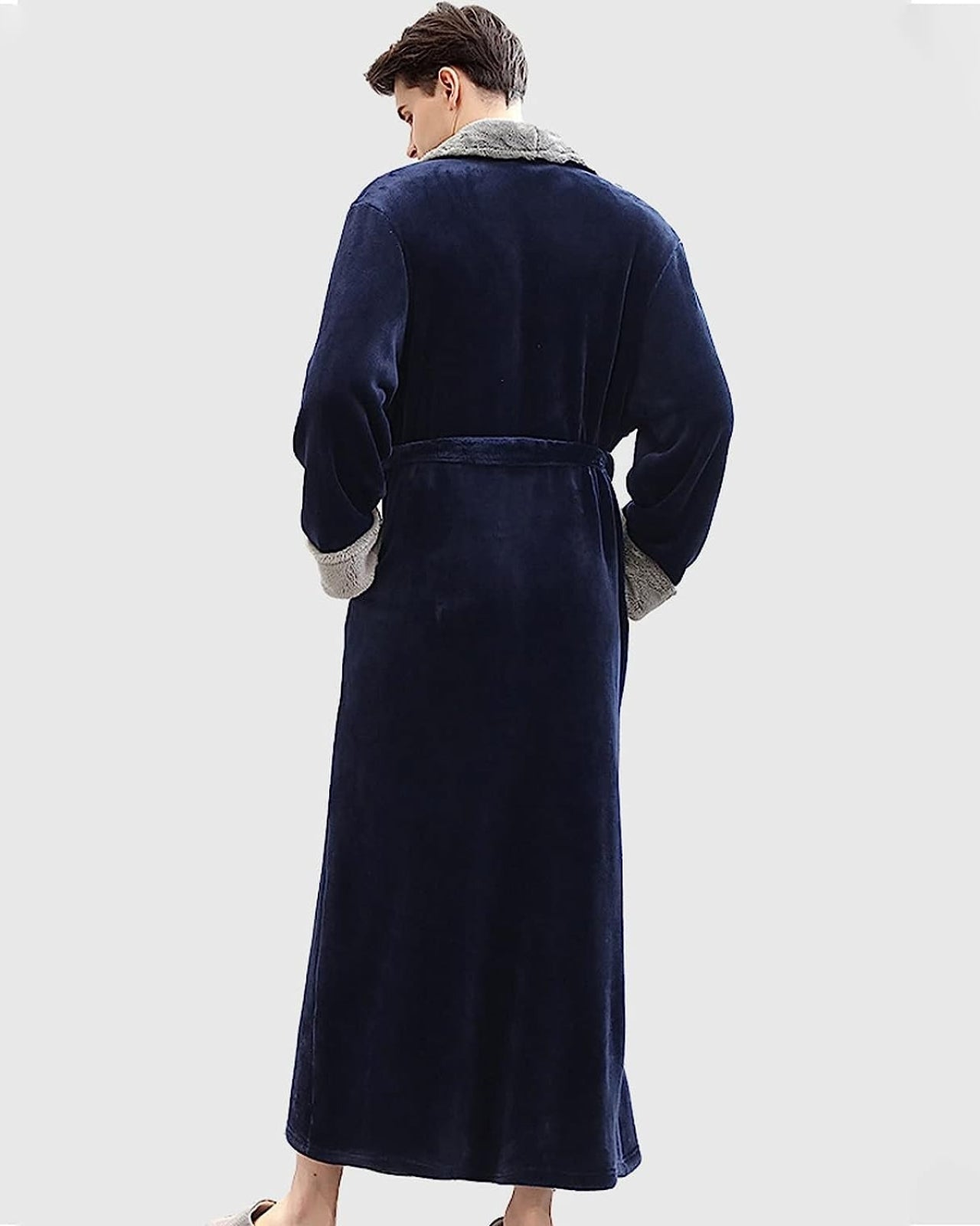 Luxury Men's Robe | Navy Velvet With Plush Gray Trim