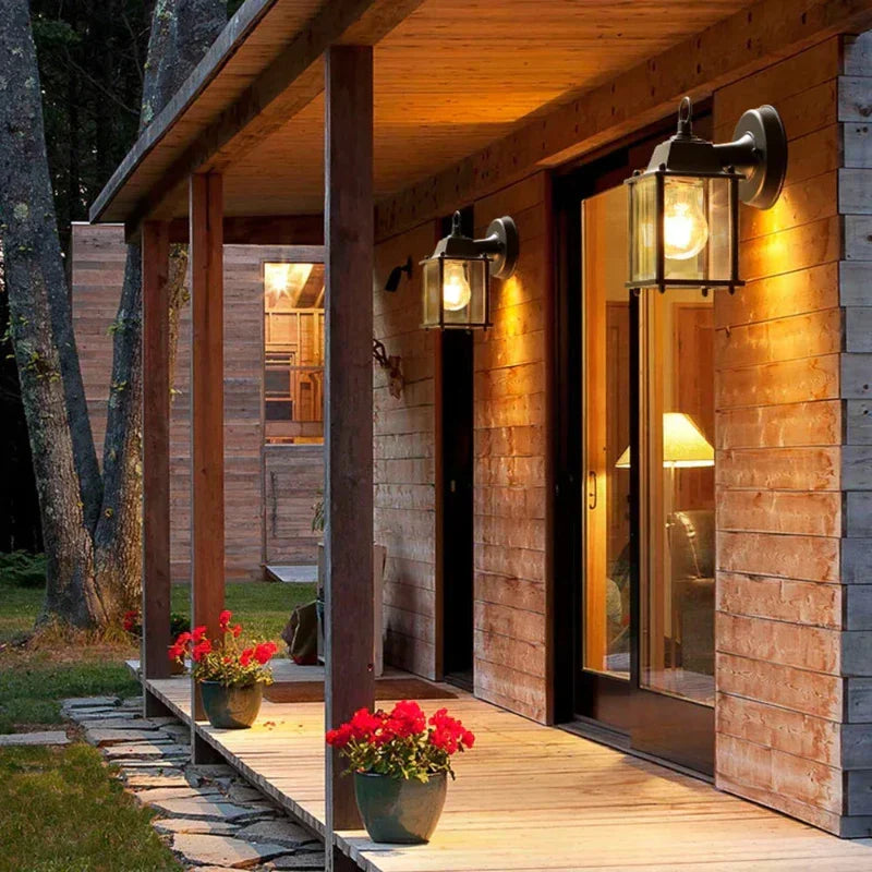 Traditional Outdoor Wall Lantern | Black Metal Glass Sconce