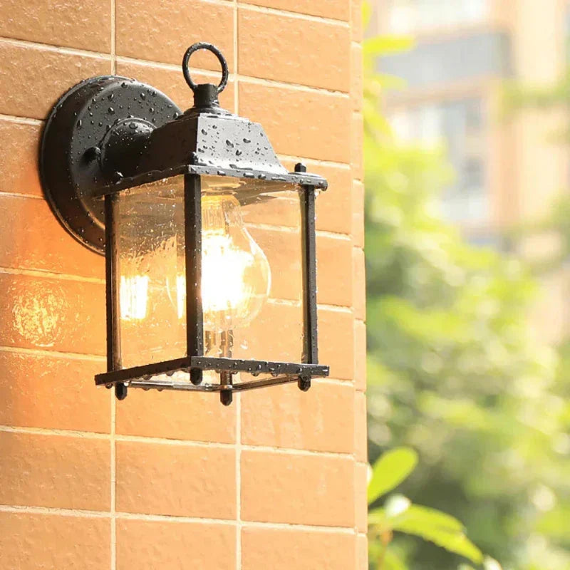 Traditional Outdoor Wall Lantern | Black Metal Glass Sconce
