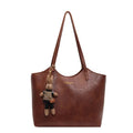 Vegan Leather Tote Bag | Brown Vintage Style with Bear Charm