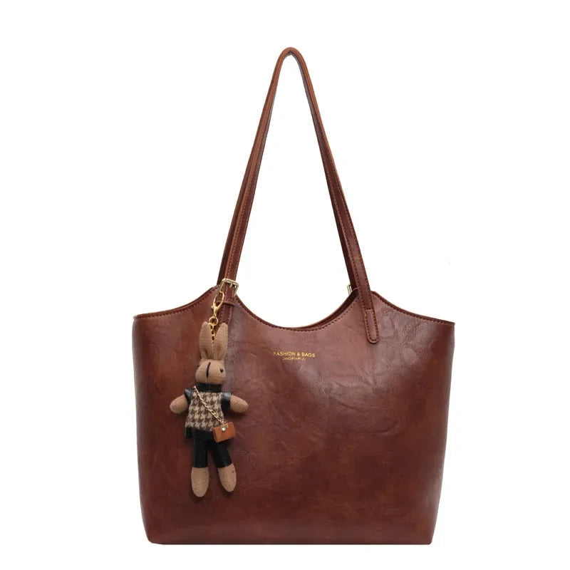 Brown Tote Bag | Vegan Leather with Removable Bear Charm