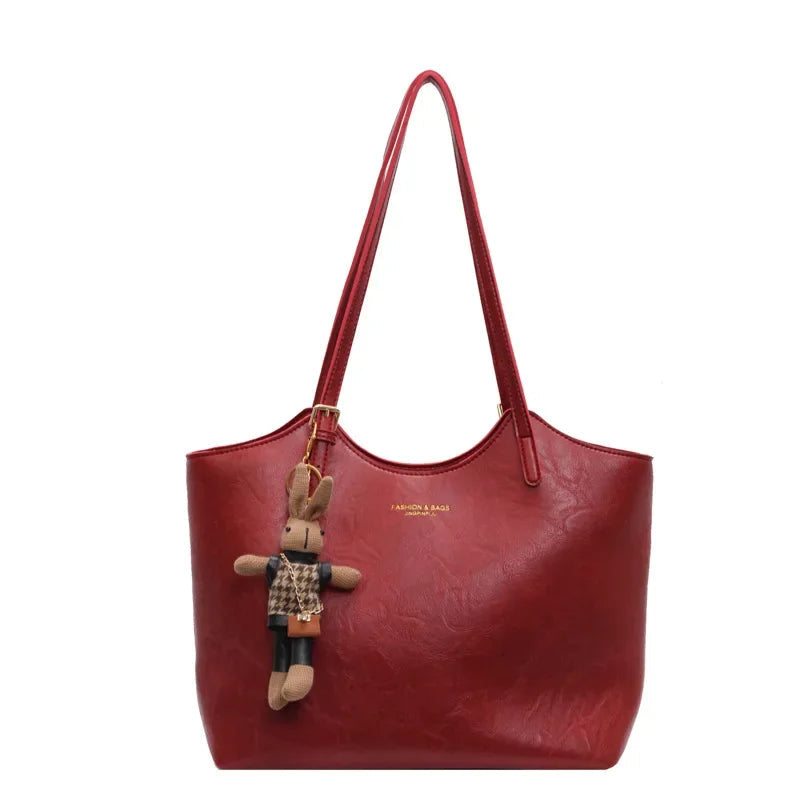 Vegan Leather Tote Bag | Brown Vintage Style with Bear Charm