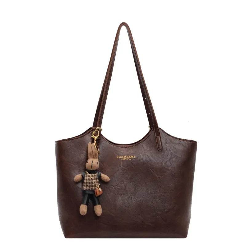 Vegan Leather Tote Bag | Brown Vintage Style with Bear Charm