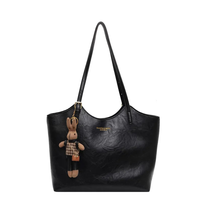 Vegan Leather Tote Bag | Brown Vintage Style with Bear Charm