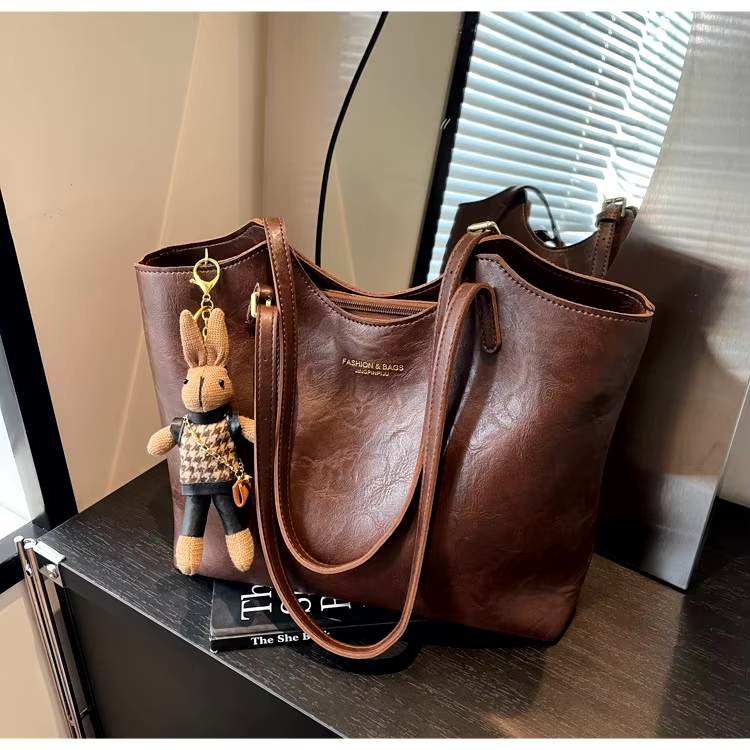 Brown Tote Bag | Vegan Leather with Removable Bear Charm