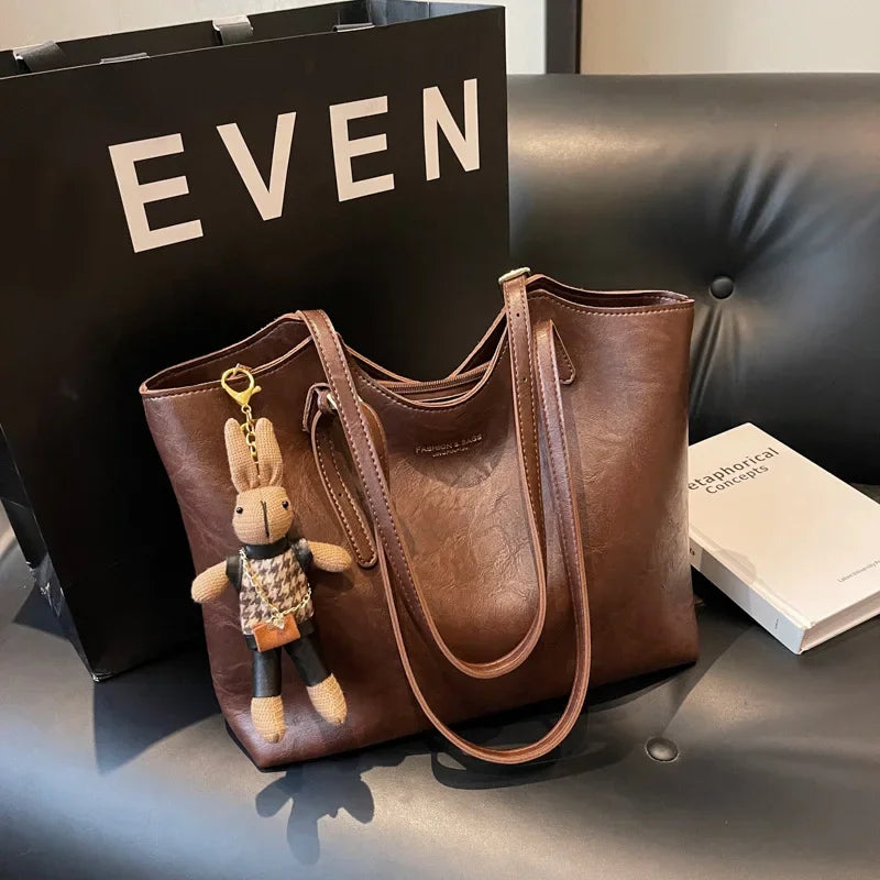 Brown Tote Bag | Vegan Leather with Removable Bear Charm