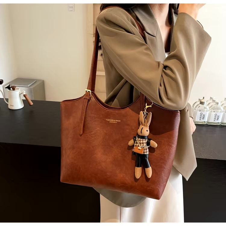 Brown Tote Bag | Vegan Leather with Removable Bear Charm
