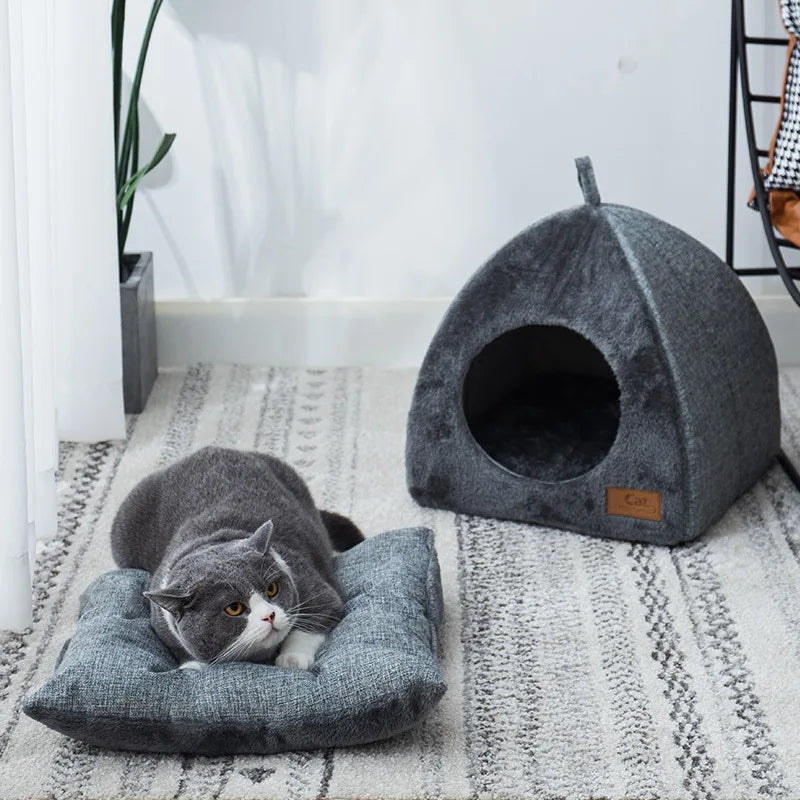 Plush Cat House | Triangular Velvet Pet Shelter
