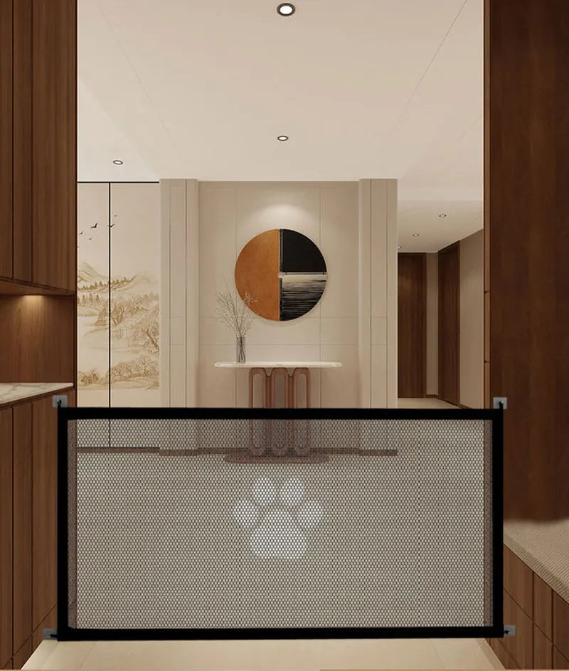 Retractable Pet Safety Gate | Mesh Barrier with Paw Print Design