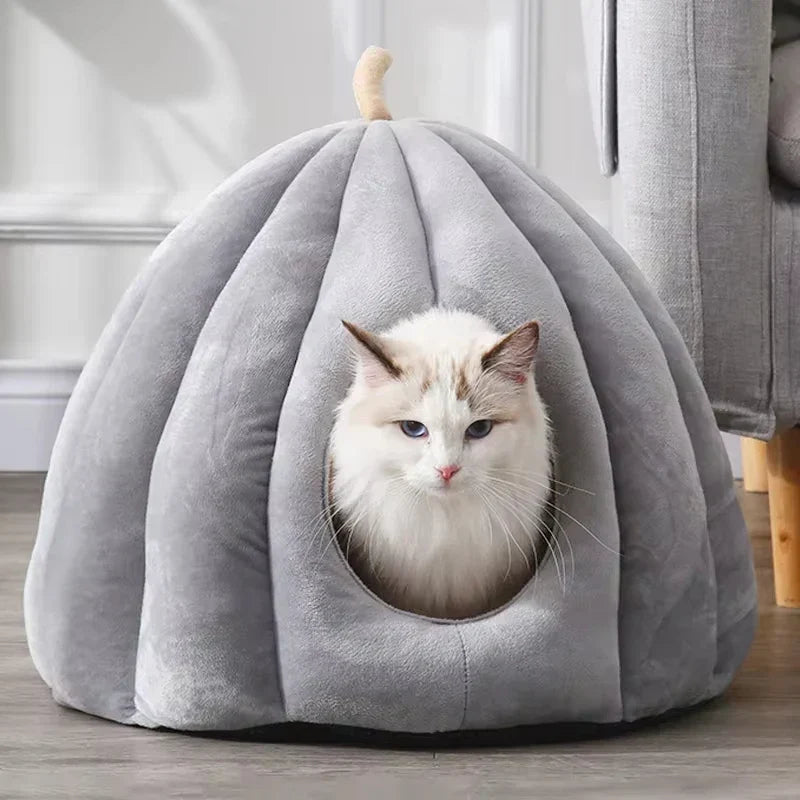 Plush Cat Bed | Pumpkin Shape Design For Winter Comfort