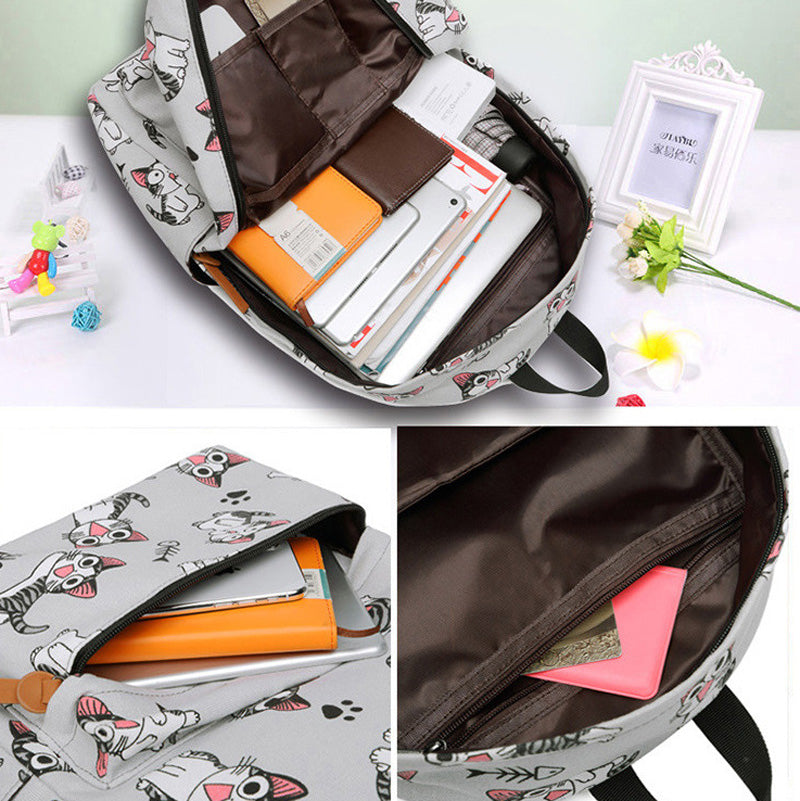 Kawaii Cat Pattern Backpack | Canvas School Bag With Fish Bone Print