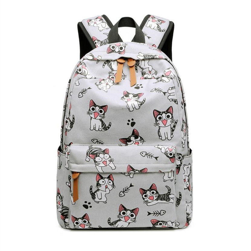 Kawaii Cat Pattern Backpack | Canvas School Bag With Fish Bone Print