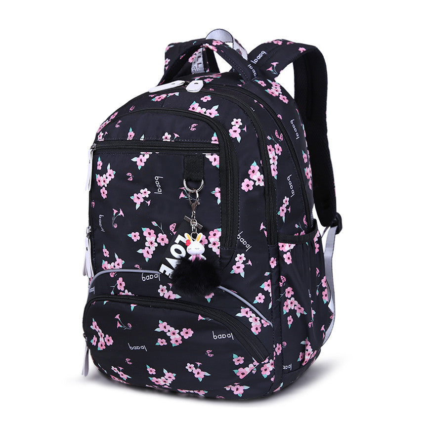 Floral School Backpack | Pink Botanical Print With Pom Charm