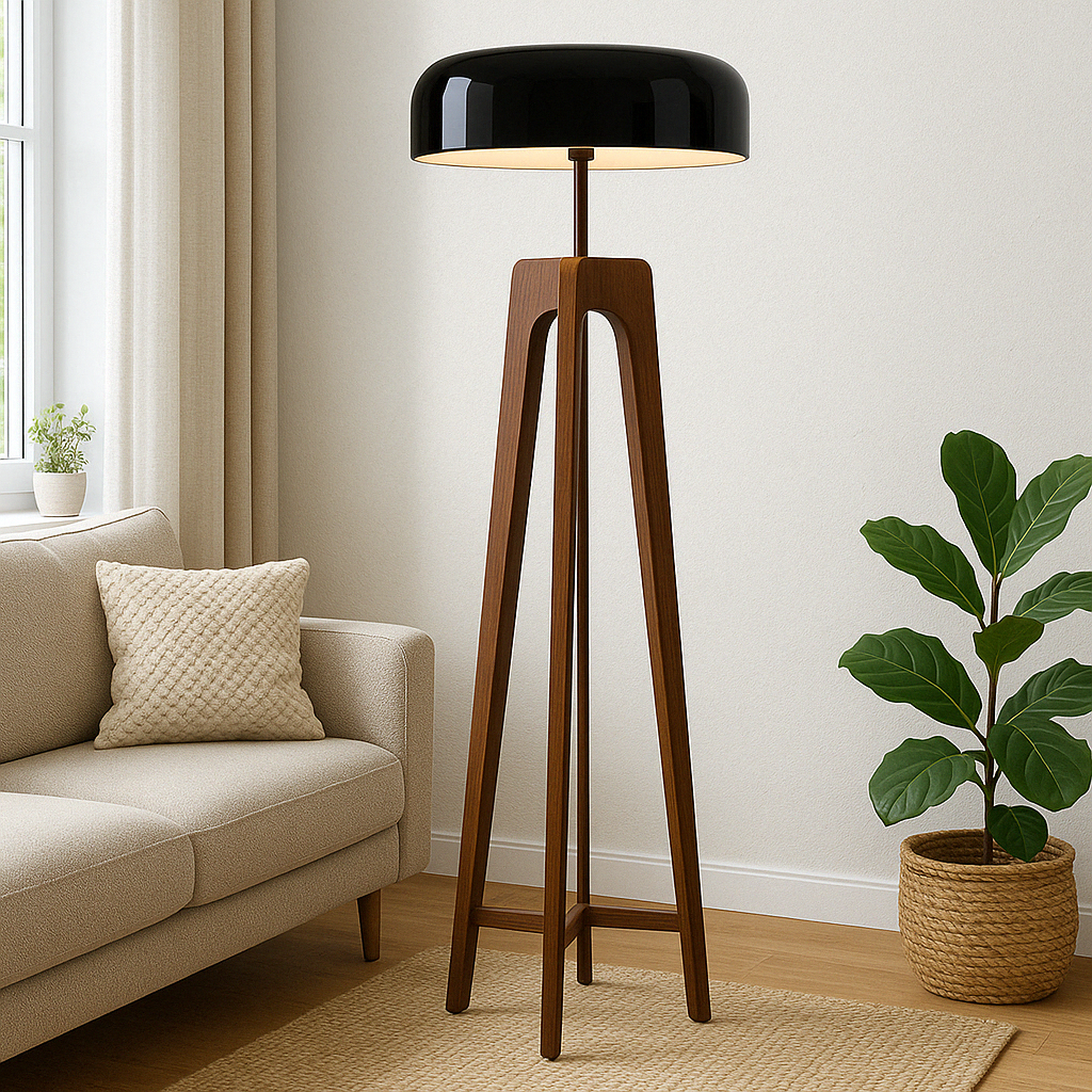 Modern Floor Lamp | Walnut Tripod Base with Black Dome Shade