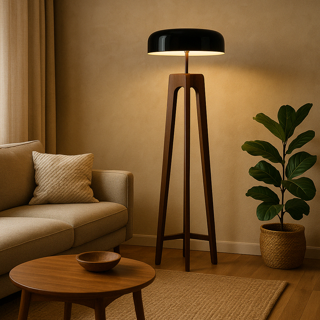 Modern Floor Lamp | Walnut Tripod Base with Black Dome Shade