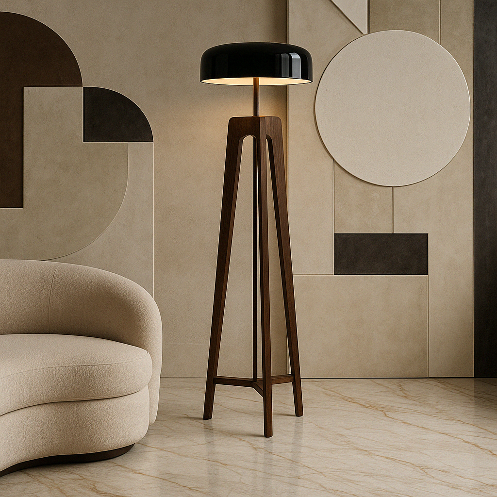 Modern Floor Lamp | Walnut Tripod Base with Black Dome Shade