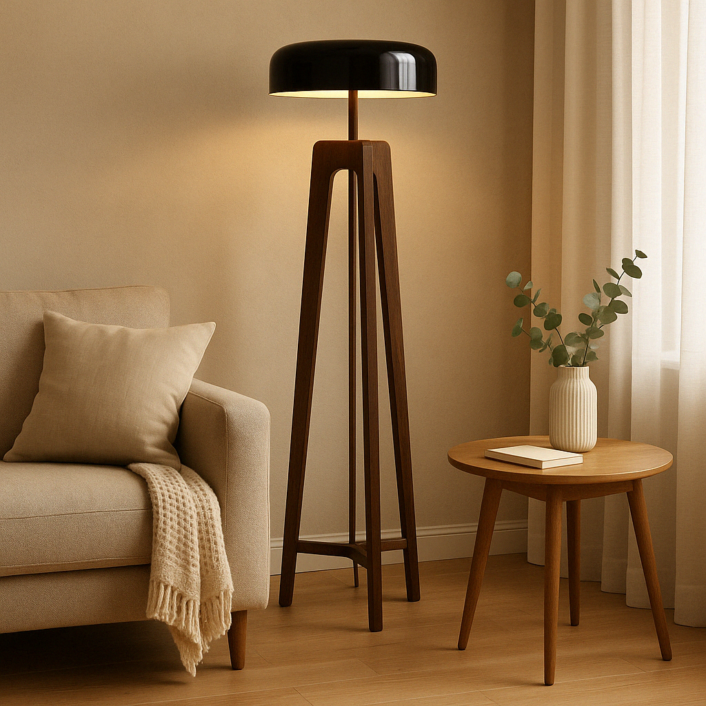 Modern Floor Lamp | Walnut Tripod Base with Black Dome Shade