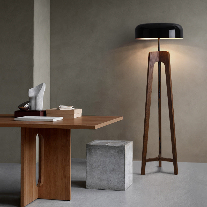 Modern Floor Lamp | Walnut Tripod Base with Black Dome Shade