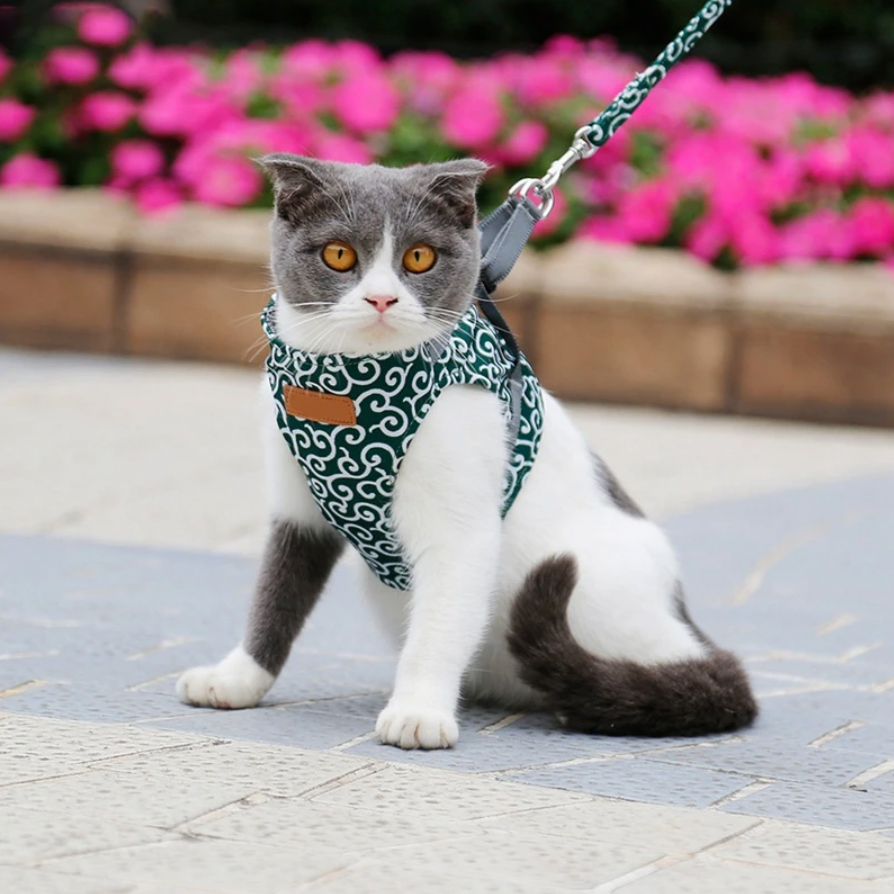 Japanese Pattern Cat Harness | Navy Blue Wave Design With Leash