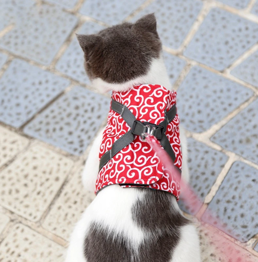 Japanese Pattern Cat Harness | Navy Blue Wave Design With Leash