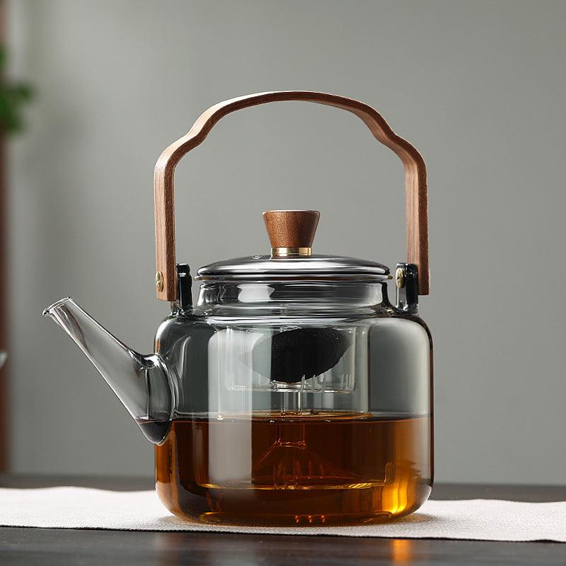 Glass Teapot with Wood Handle | Smoked Glass Tea Brewing Pot